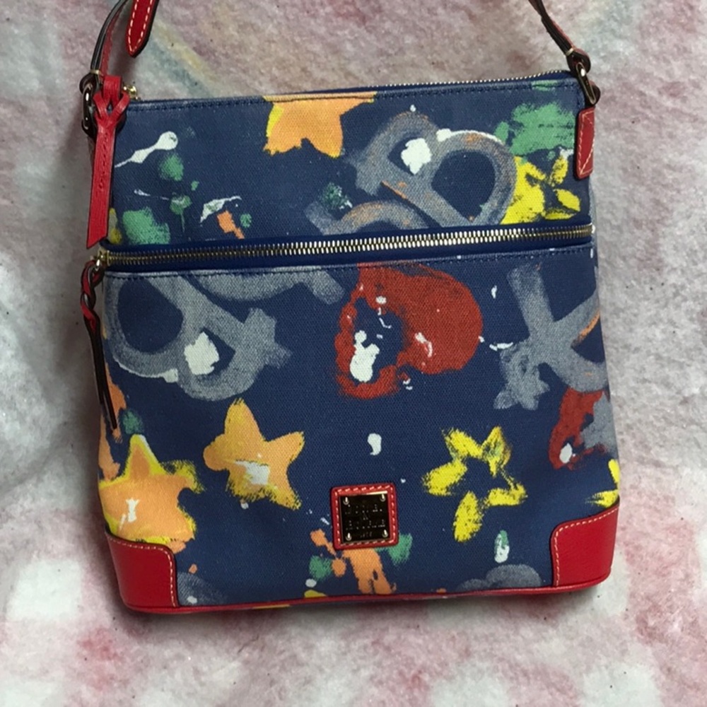 Dooney & Bourke Multi Color Splatter Blue Denim Red Leather Crossbody